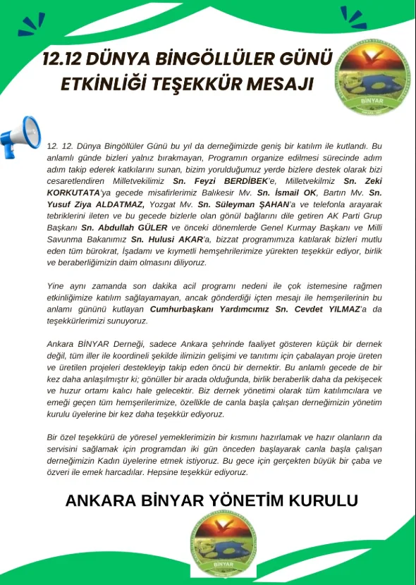 12 12 DÜNYA BİNGÖLLÜLER GÜNÜ ETKİNLİĞİ MESAJI